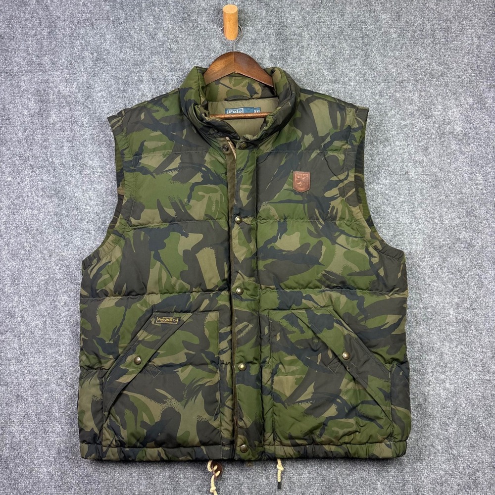 Polo Ralph Lauren Puffer Vest Mens XL Green Camo Down Filled Leather Trim 0713